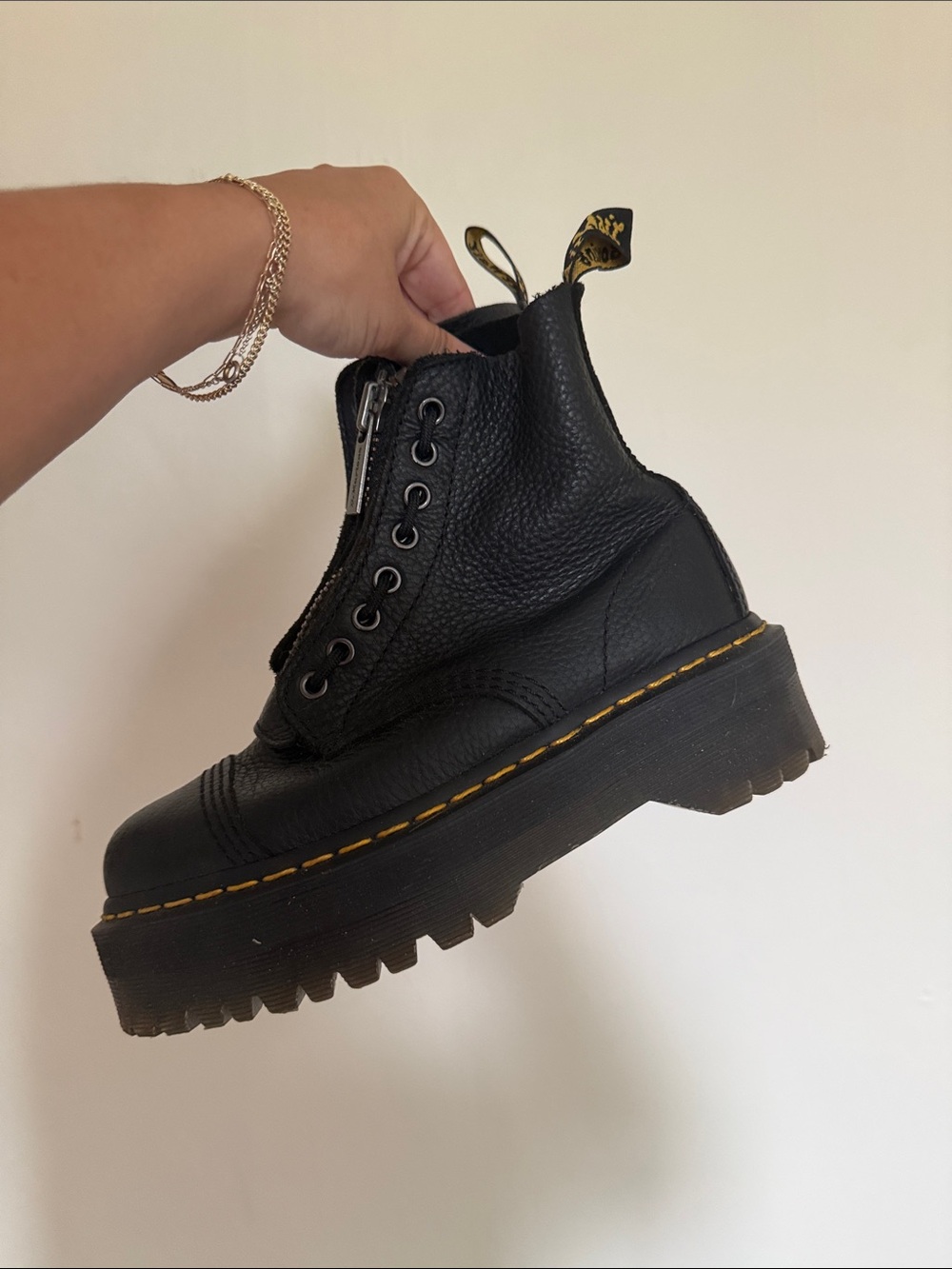 Dr. Martens Black Leather Platform Lace-Up Boots with Yellow Stitching